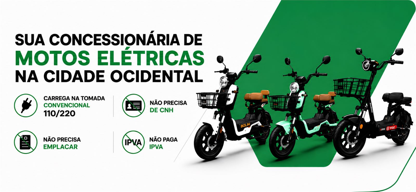 Ciclodandi Electric — sua concessionária de motos elétricas na Cidade Ocidental: carrega na tomada 110/220, não precisa de CNH, não precisa emplacar e não paga IPVA
